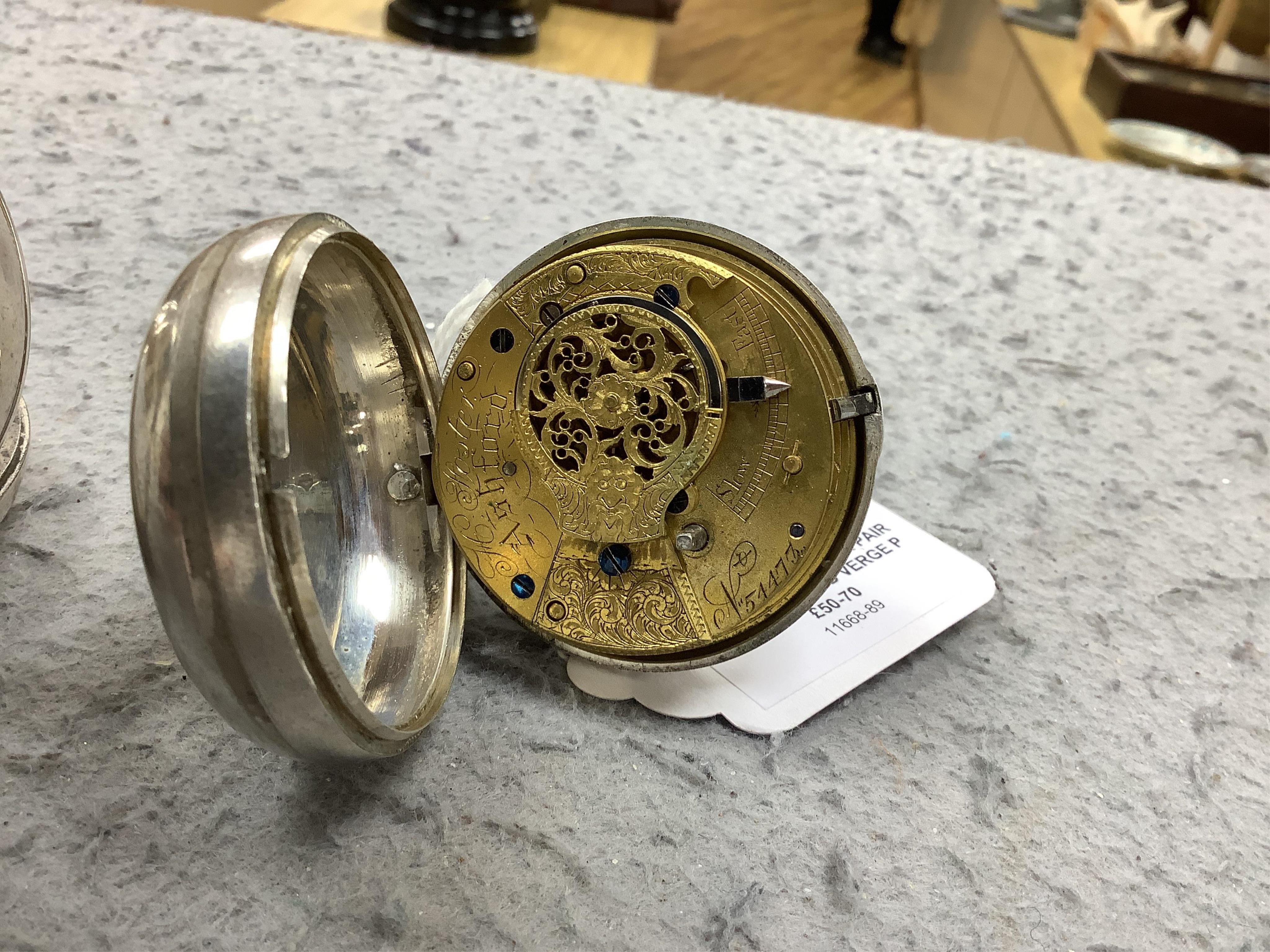 A Victorian silver pair case key wind verge pocket watch, by H. Foster of Ashford, with Roman dial, outer case diameter 58mm. Fair condition (lacking minute hand).